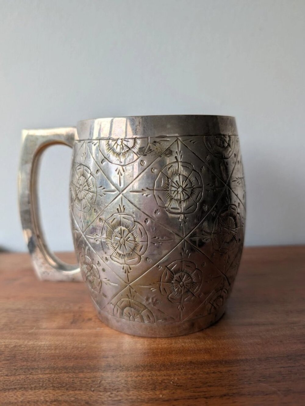 Vintage India EPNS Silver Plate Tankard Hand Engraved Floral Mug